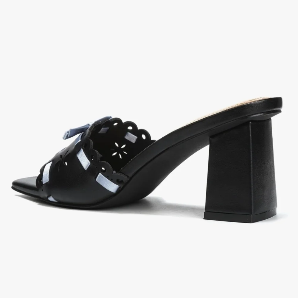 Black W/ Sky Blue Ribbon, Block Heeled Open Toed Mules - New Size 8 & 11 - Picture 2 of 8